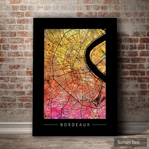 Bordeaux Karte - Stadtplan Bordeaux, Frankreich - Kunstdruck Aquarell Illustration Wand Kunst Wohnkultur Geschenk - Sunset Series PRINT