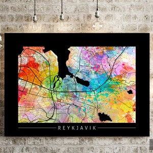 Carte de Reykjavik - plan des rues de la ville de Reykjavik, Islande - impression d'art Illustration aquarelle, art mural, décoration d'intérieur cadeau - impression série coucher de soleil
