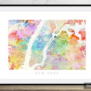 New York Map - Stadtplan von New York - Kunstdruck Aquarell Illustration Wand Kunst Wohnkultur Geschenk - Sunset Series PRINT in WEISS