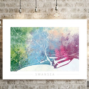 Swansea Map City Street Map of Swansea, England Art Print Watercolor ...