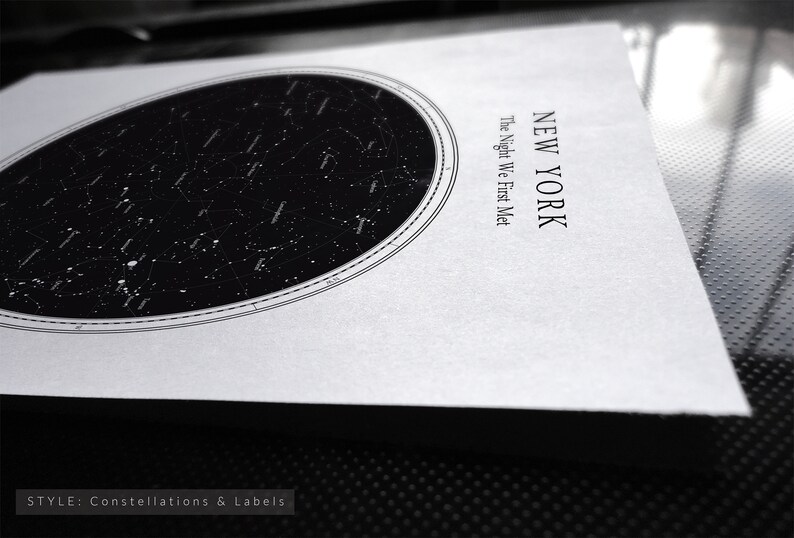 May include: A black and white star map print featuring an oval constellation design. The print includes the text "NEW YORK" and "The Night We First Met". The style is "Constellations & Labels".