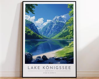 Lake Königssee Travel Poster - Germany, Lake Königssee Travel Print, Home Decor, Print Framed or Canvas