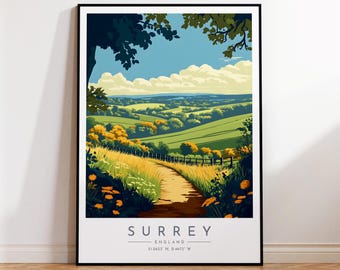 Surrey Travel Poster - England, Surrey Travel Print, Home Decor, Print Framed or Canvas