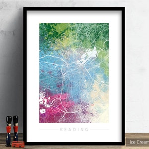 Kaart van Reading - stadsstratenkaart van Reading, Engeland - Art Print aquarel illustratie muur kunst woondecoratie cadeau - natuur serie PRINT