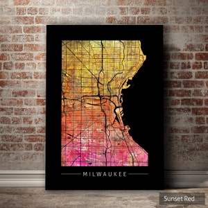 Milwaukee Map - City Street Map of Milwaukee, Wisconsin - Art Print Watercolor Illustration Wall Art Home Decor Gift - Sunset Series PRINT