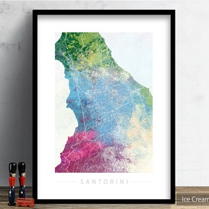 Santorini Map - Stadtplan Santorini, Fira, Griechenland - Kunstdruck Aquarell Illustration Wandkunst Wohnkultur Geschenk - Nature Series PRINT