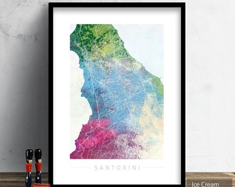 Santorini Map - City Street Map Santorini, Fira, Greece - Art Print Watercolor Illustration Wall Art Home Decor Gift - Nature Series PRINT