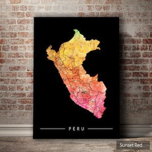 Carte du Pérou - carte du Pérou - impression d'art, illustration aquarelle, art mural, décoration d'intérieur, cadeau - impression de la série SUNSET