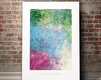Cambridge Map - City Street Map of Cambridge, England - Art Print Watercolor Illustration Wall Art Home Decor Gift - Nature Series PRINT