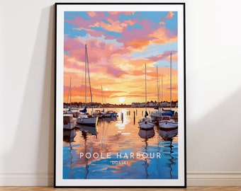 May include: A colorful illustration of sailboats docked in Poole Harbour, Dorset, England. The sky is a vibrant orange and pink with fluffy clouds. The water is a calm blue with reflections of the boats and sky.