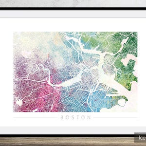 Mapa de Boston - Mapa de calles de la ciudad de Boston, Massachusetts - Impresión de arte Ilustración de acuarela Arte de pared Regalo de decoración del hogar - Serie de la naturaleza IMPRIMIR