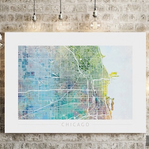 Mapa de Chicago - Mapa de calles de la ciudad de Chicago Illinois - Impresión de arte Ilustración de acuarela Arte de pared Regalo de decoración del hogar - Serie Naturaleza IMPRIMIR