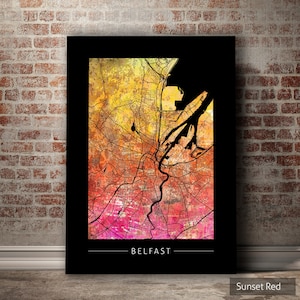 Belfast Map - City Street Map of Belfast, Ireland - Art Print Watercolor Illustration Wall Art Home Decor Gift - Sunset Series PRINT