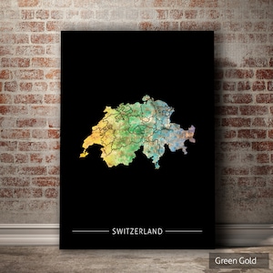 Mapa da Suíça - Mapa do país da Suíça - Impressão artística Ilustração em aquarela Arte de parede Decoração de casa Presente - IMPRESSÃO DA SÉRIE PÔR DO SOL