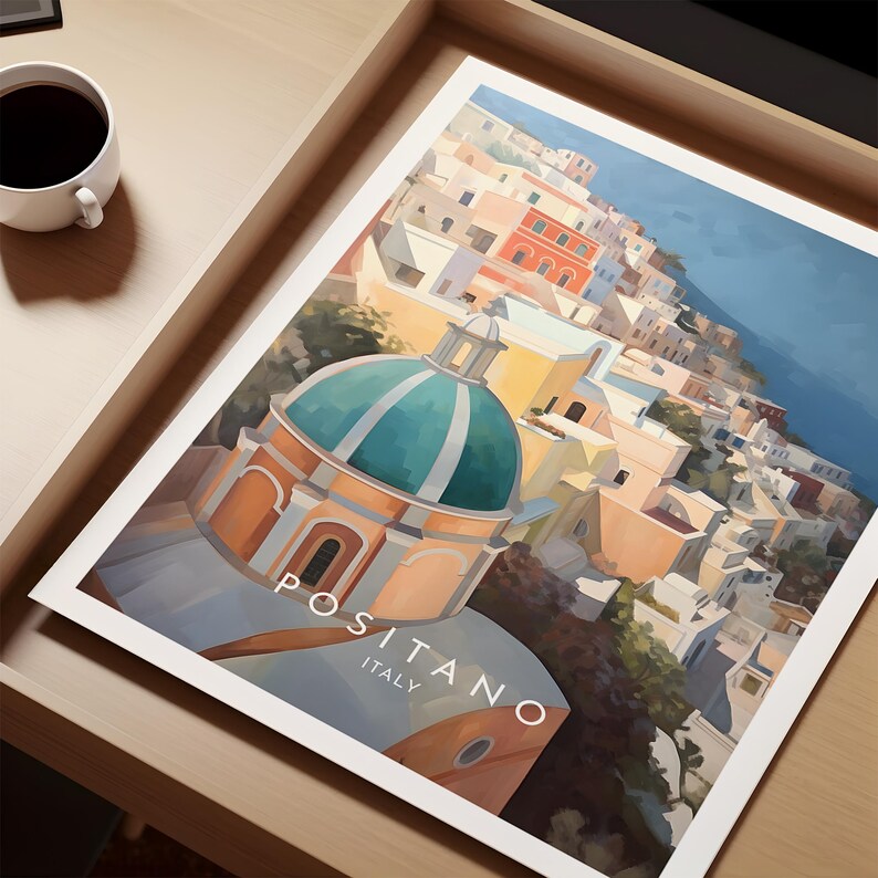 May include: A colorful illustration of Positano, Italy, featuring a teal and white domed church building with the text "Positano, Italy" below.