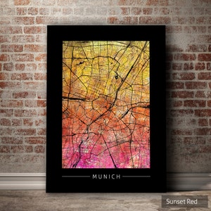 Munich Map - City Street Map of Munich Germany - Art Print Watercolor Illustration Wall Art Home Decor Gift - Sunset Series PRINT