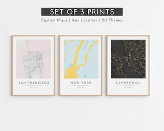 Set of 3 Custom City Map Prints | Personalised Location Poster Wall Art, Travel Gift, Any City Worldwide, Gallery Wall Decor, Map Art