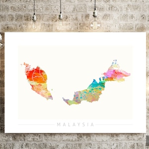 Malaysia Karte - Landkarte von Malaysia - Kunstdruck Aquarell Illustration Wand Kunst Wohnkultur Geschenk - SUNSET SERIE PRINT