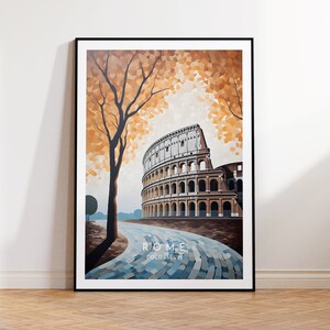 May include: A digital painting of the Colosseum in Rome, Italy. The Colosseum is depicted in a brown and beige color palette, with a blue and gray cobblestone path leading up to it. A large tree with orange and yellow leaves is in the foreground.
