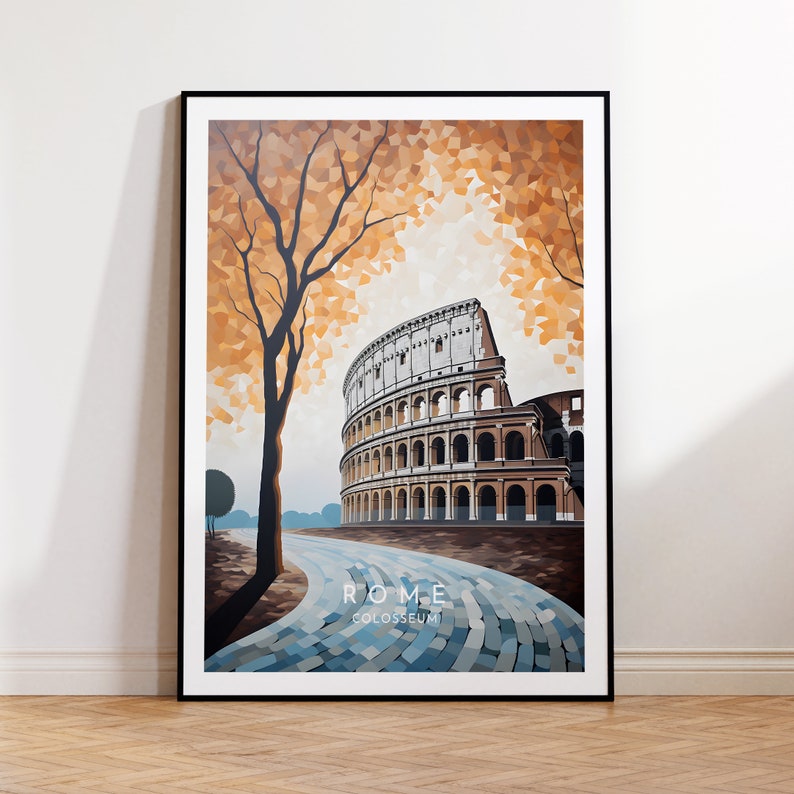 May include: A digital painting of the Colosseum in Rome, Italy. The Colosseum is depicted in a brown and beige color palette, with a blue and gray cobblestone path leading up to it. A large tree with orange and yellow leaves is in the foreground.