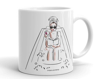 Bubble Bath Head Towel Fashion Illustration Series coffee mug, birthday present, wine lover, red lip art, gift idea, tea cup, cute drinkware