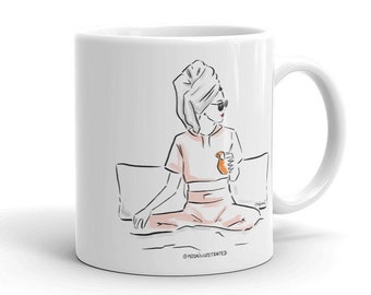 Aperols and Loungewear Head Towel Fashion Illustration Series mug, coffee cup birthday present, gift ideas for her, aperol spritz, chill