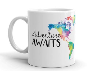Watercolor World Map Mug, Colorful Coffee Cup, Gift for Coffee or Tea Lover, Unique mugs, tie dye print, adventure awaits