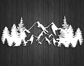 May include: White silhouette of a mountain range with pine trees on either side, against a dark wood background.