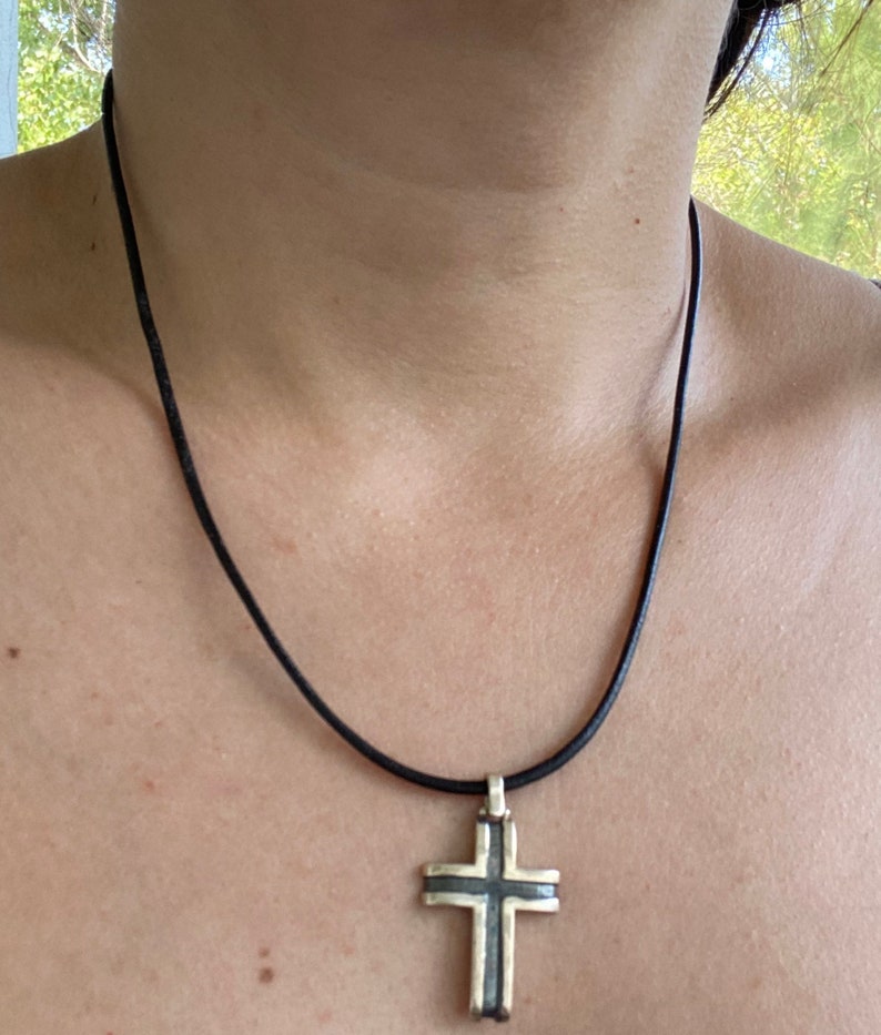 Men's Silver Cross Necklace Leather Cord Contemporary Etsy