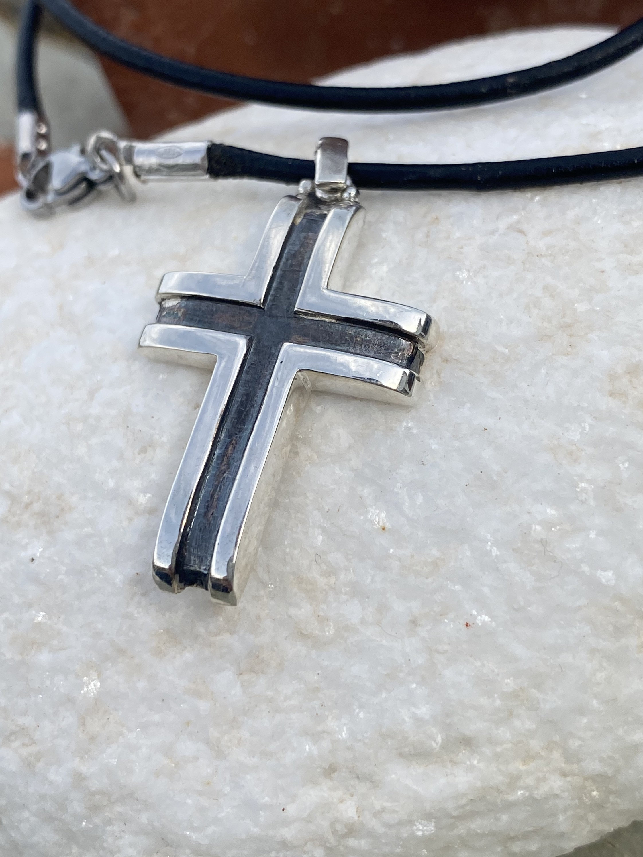 Silver Cross Necklace Leather Cord 