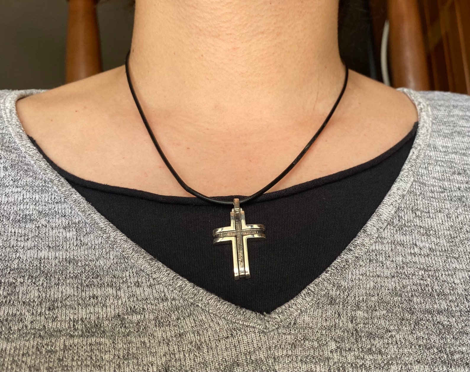 Men's Silver Cross Necklace Leather Cord Contemporary Etsy