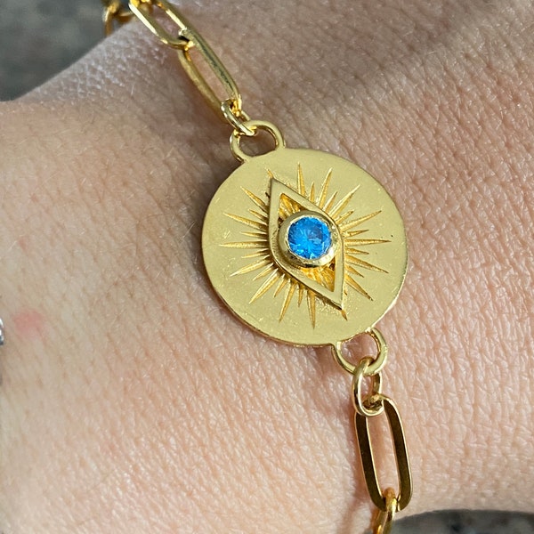 Greek evil eye gold bracelet,  gold bracelet handmade, evil eye bracelet, evil eye bracelet with blue gem, nazar bracelet