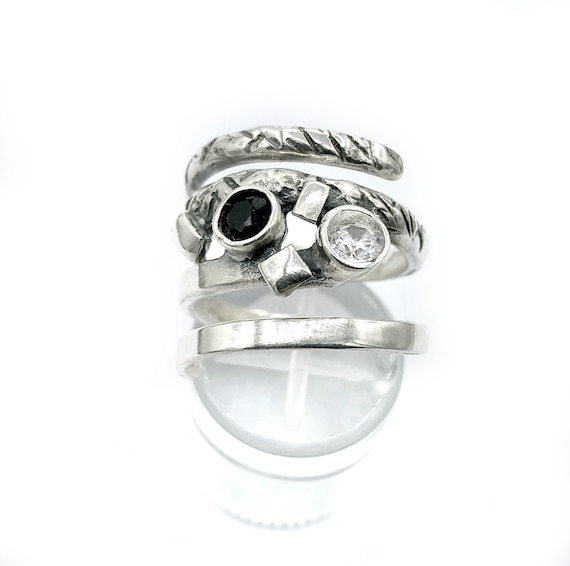 Black Oxidized White Zircon Handmade Textured Adjustable Ring