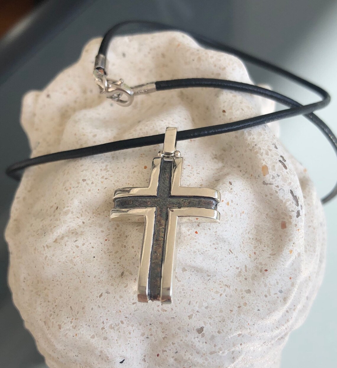 Men's Silver Cross Necklace Leather Cord Contemporary Etsy