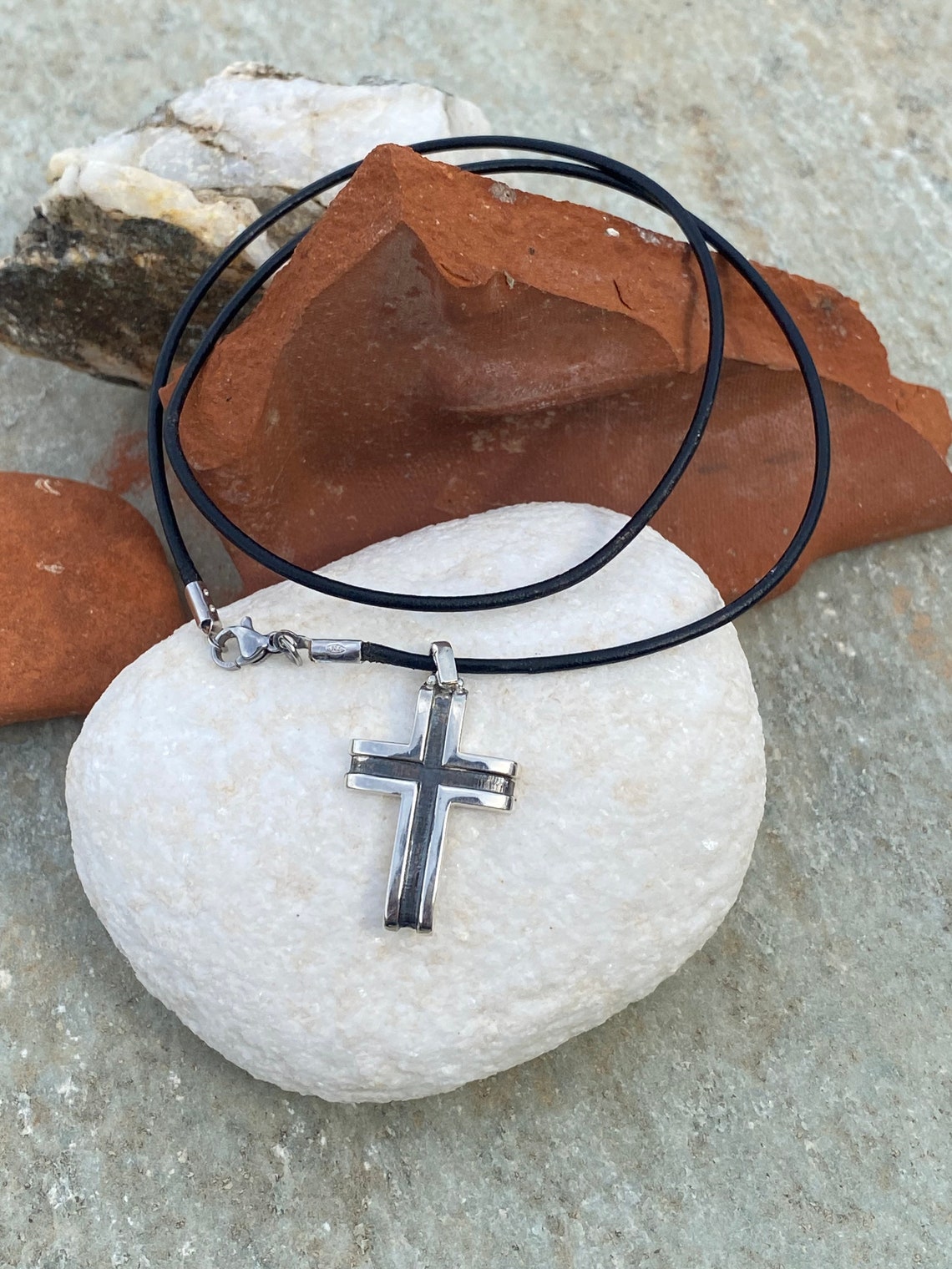 Men's Silver Cross Necklace Leather Cord Contemporary Etsy