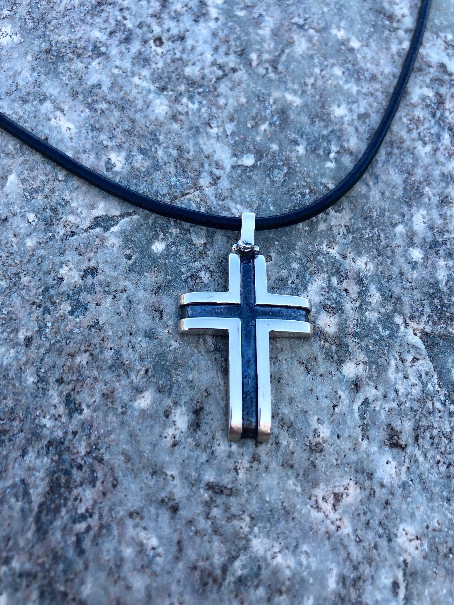 Men's Silver Cross Necklace Leather Cord Contemporary Etsy