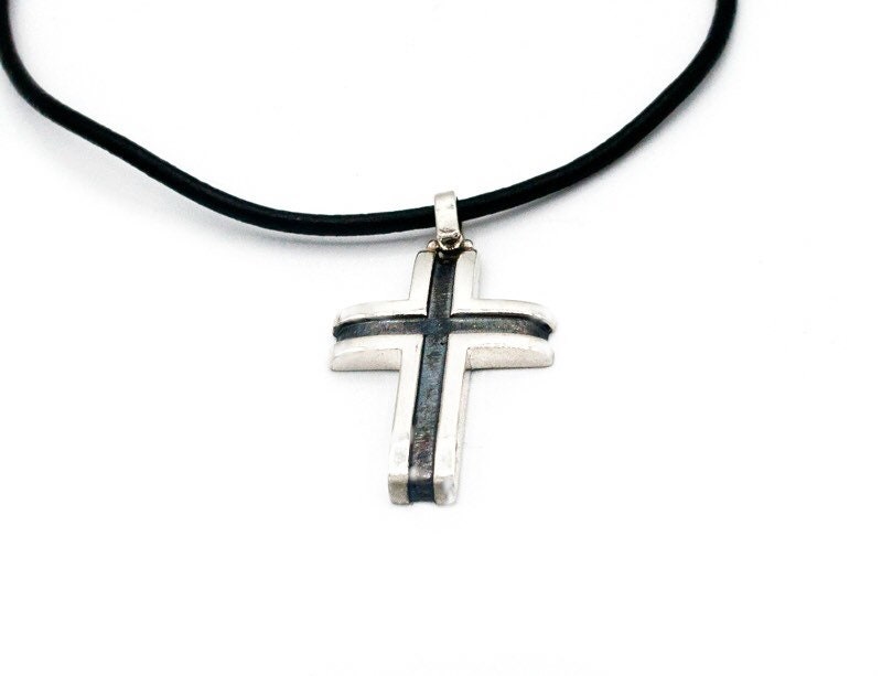 Men's Silver Cross Necklace Leather Cord Contemporary Etsy