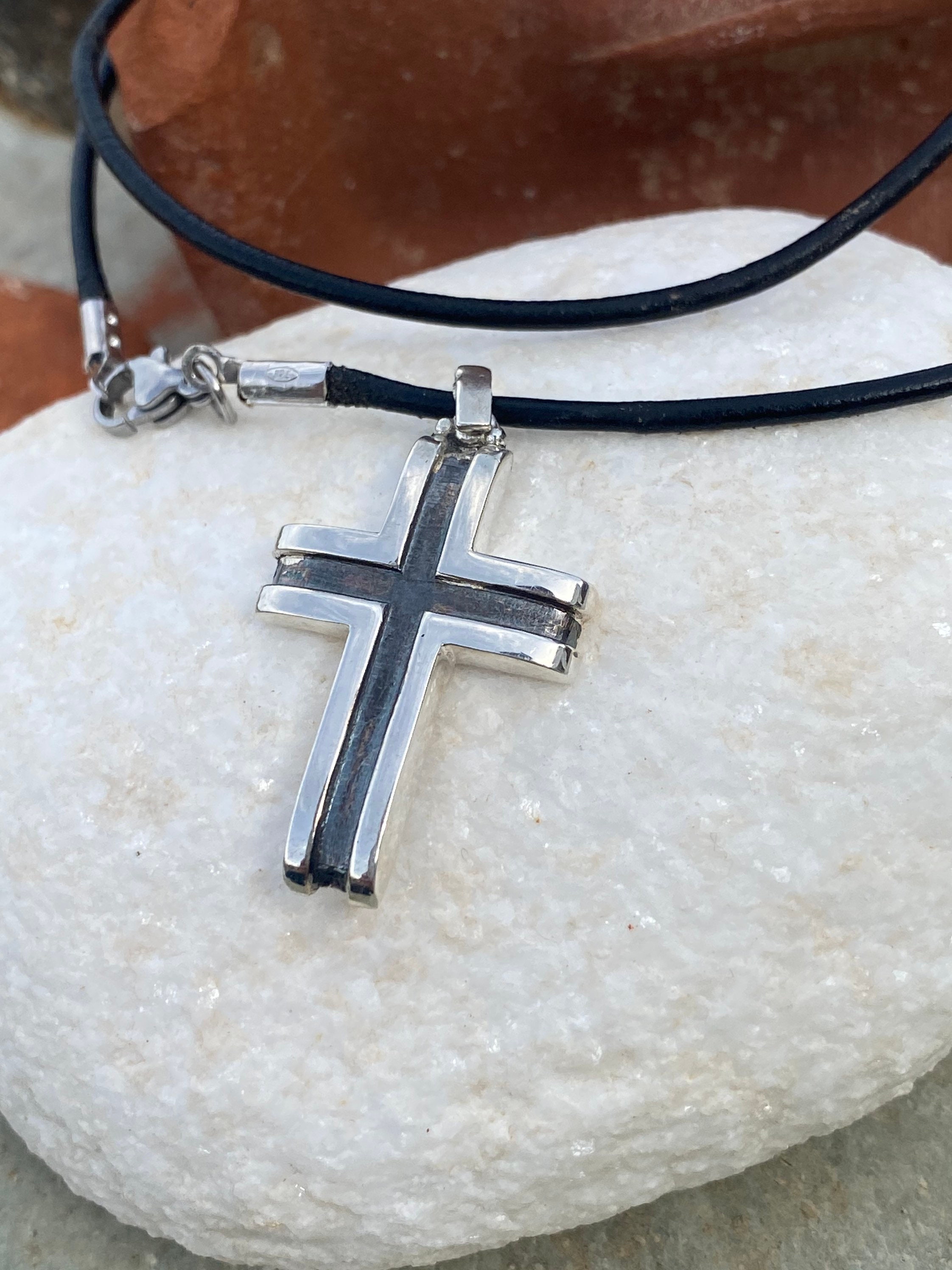 Men's Silver Cross Necklace Leather Cord Contemporary Etsy