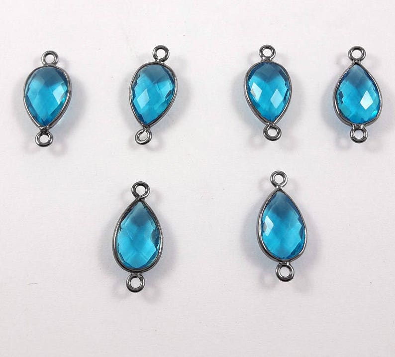 20mm x 9mm #NGS017 6 Pieces Blue Topaz Quartz Hydro Black Rhodium Plated Double Bail Connector
