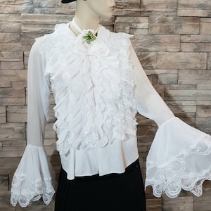 Lace Ruffle Blouse  Bell Sleeves Jabot and Brooch