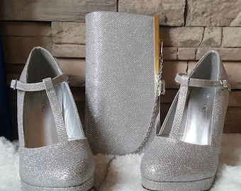 T-Strap Silver Glitter Pumps  Bag Set  Size 6.5 US 37 EUR