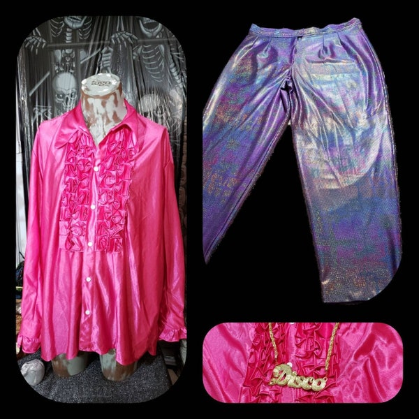Men's Disco Costume / Size L / Holographic Pants Hot Pink Shirt
