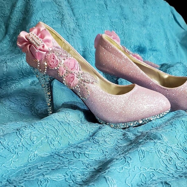 Pink High Heel Embroidered Pumps with Red Sole , Lolita Shoes