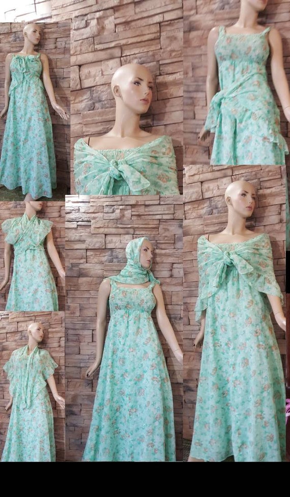 Mint green 70s maxi dress with scarf