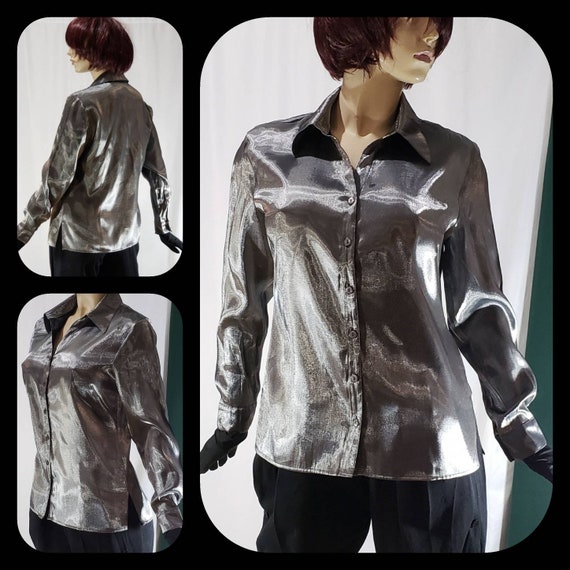 Liquid silver long sleeve disco blouse