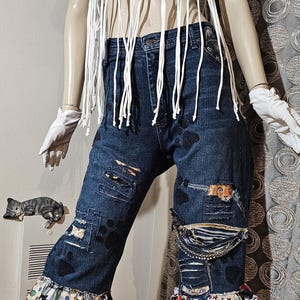 Custom Patched Bell Bottom Jeans - Handmade Upcycled Denim Flares, Cat Lover Pants