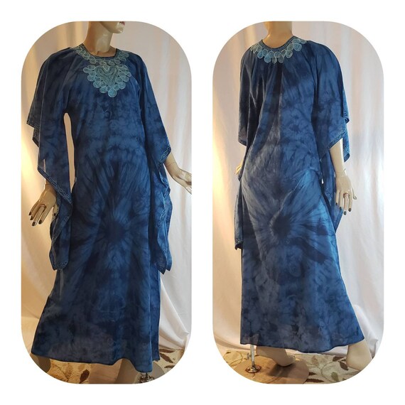 Maxi Blue Tie Dye Poet Sleeves Tunic Dress