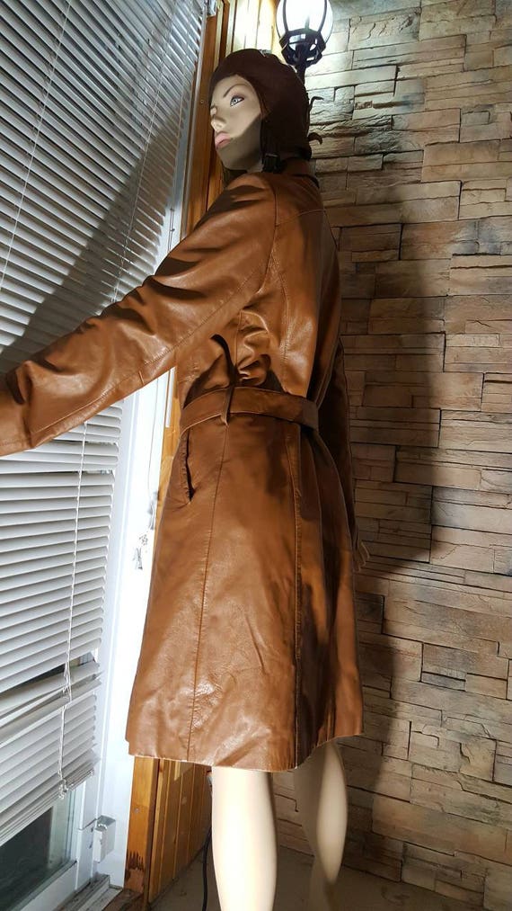 Camel Brown Leather Coat , Zipper Closure Trench Coat Gem