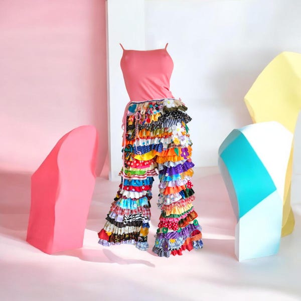 Custom Tattered  Ruffle Colorful Festival Pants, Gypsy, Clown Cosplay