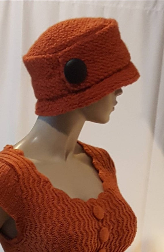 Orange 50s Style Winter Cloche Pillbox Hat - image 3